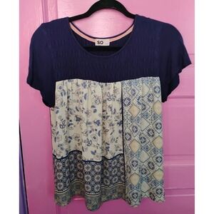 Women's Smocked Babydoll Mixed Media Floral Patchwork Boho Top Feminine Large
